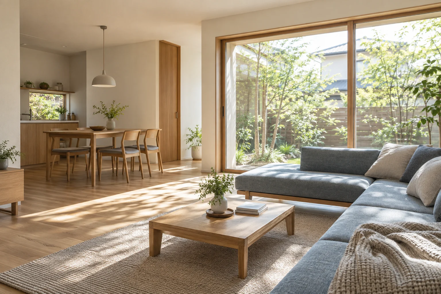 木の床と庭に面した窓のある住宅空間のイメージ